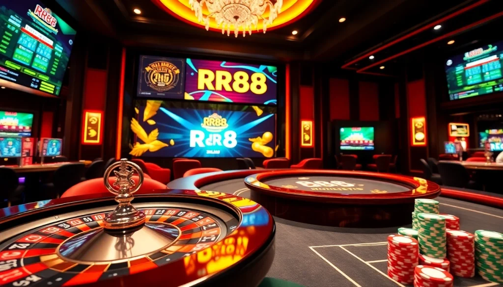 RR88 casino scene with an inviting poker table, roulette wheel, and vibrant chips showcasing thrilling gambling activity.