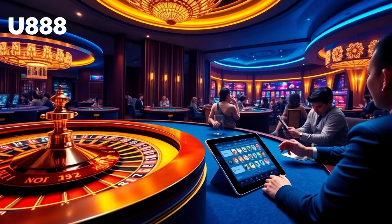 Engaging scene of a luxurious casino with Nhà cái U888 betting interfaces and poker elements.