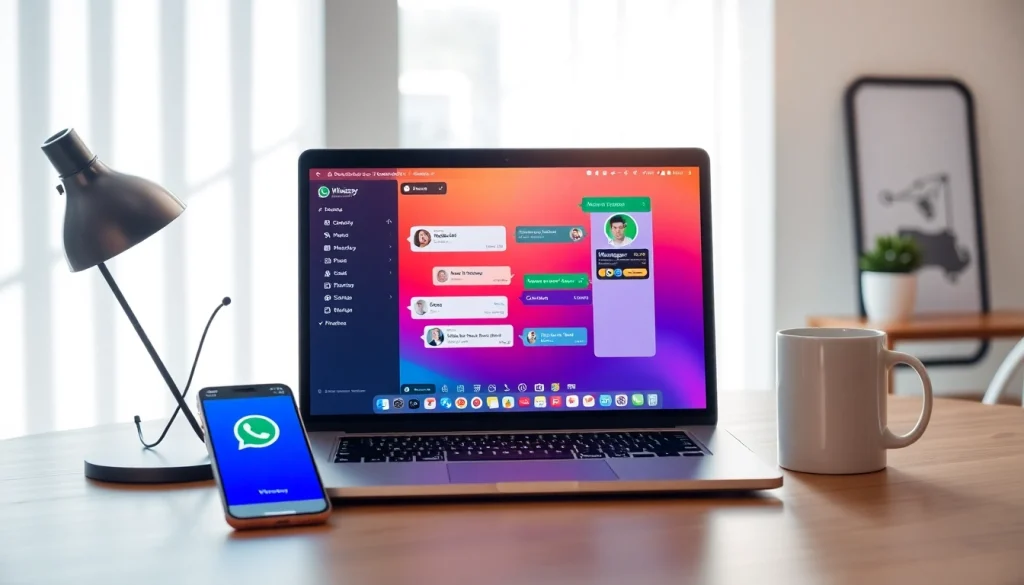 在笔记本电脑上的 WhatsApp网页版 界面，展示消息发送和视频通话功能。