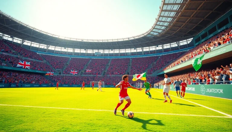 Catch live actions of ผลบอลคืนนี้ with vibrant scenes of players in a packed stadium.