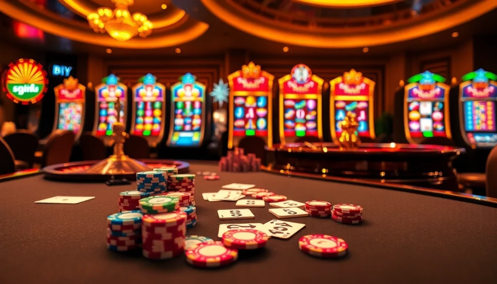 Players engaging with hidden wiki links at a vibrant casino table filled with cards and chips.