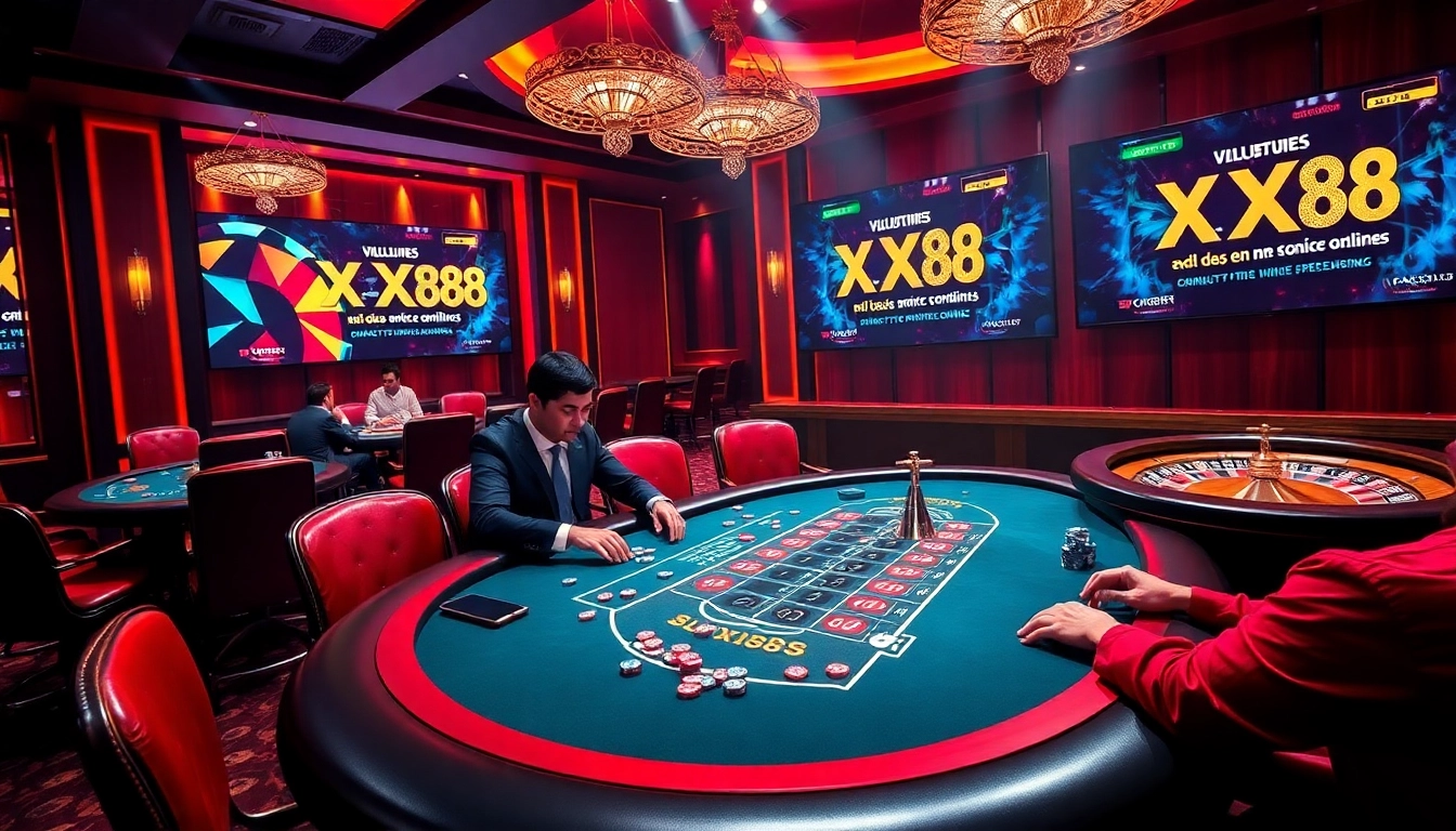 Players enjoying a thrilling poker game at XX88's luxurious online casino, showcasing vibrant chips and a roulette wheel.