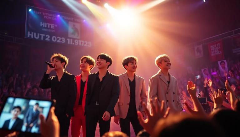 BTS news showcasing vibrant stage performance with members engaging fans in an electrifying atmosphere.