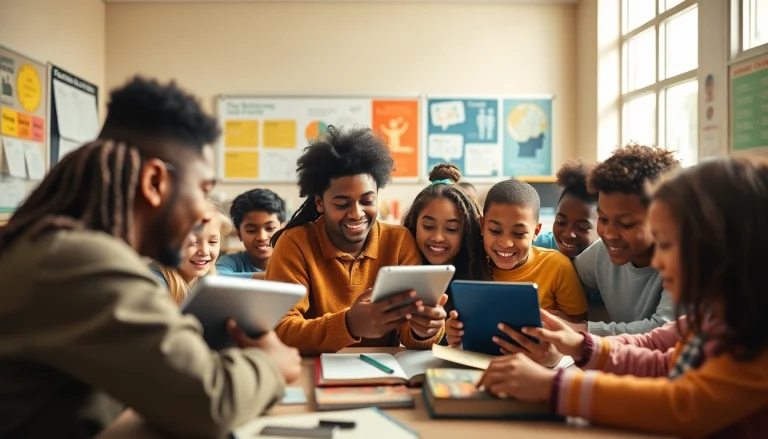 Empowering education scene with diverse students engaged in collaborative learning.