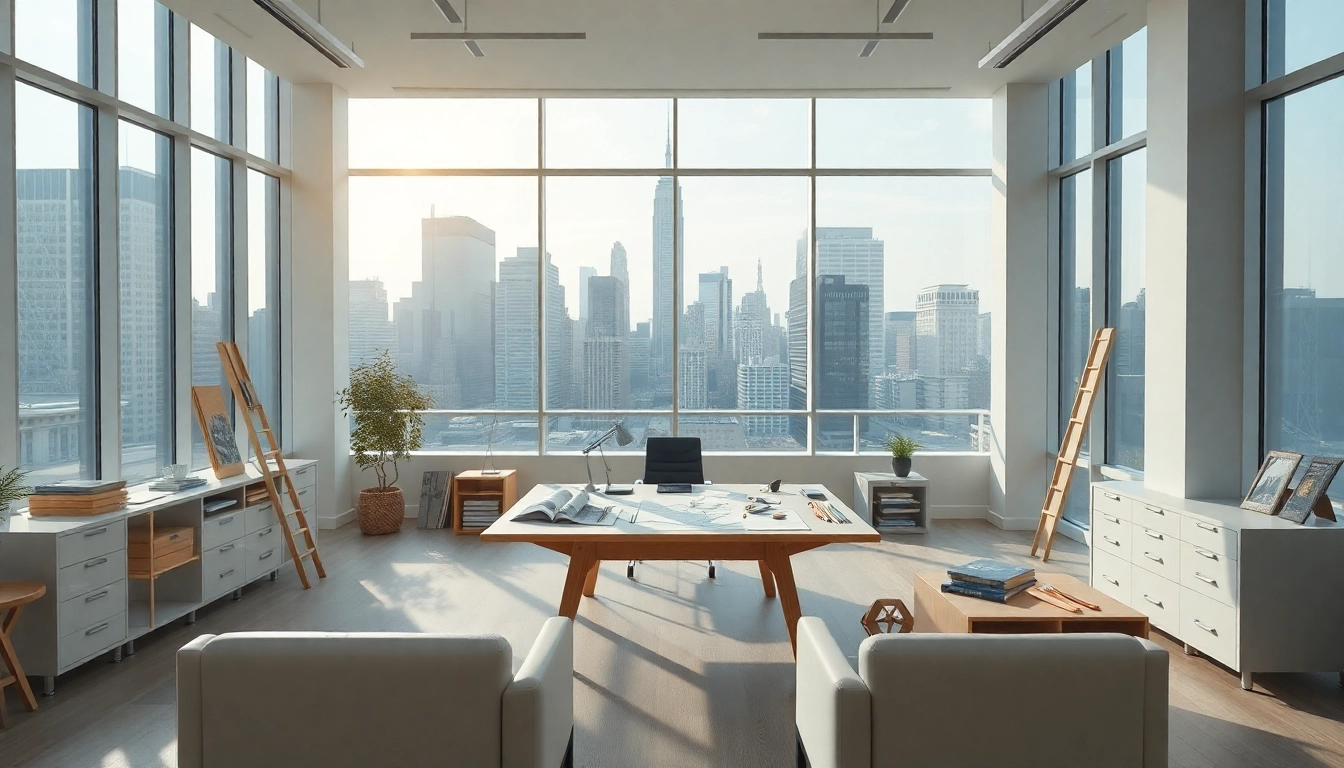 Manhattan General Contractor's modern office with tools and blueprints highlighting professionalism.