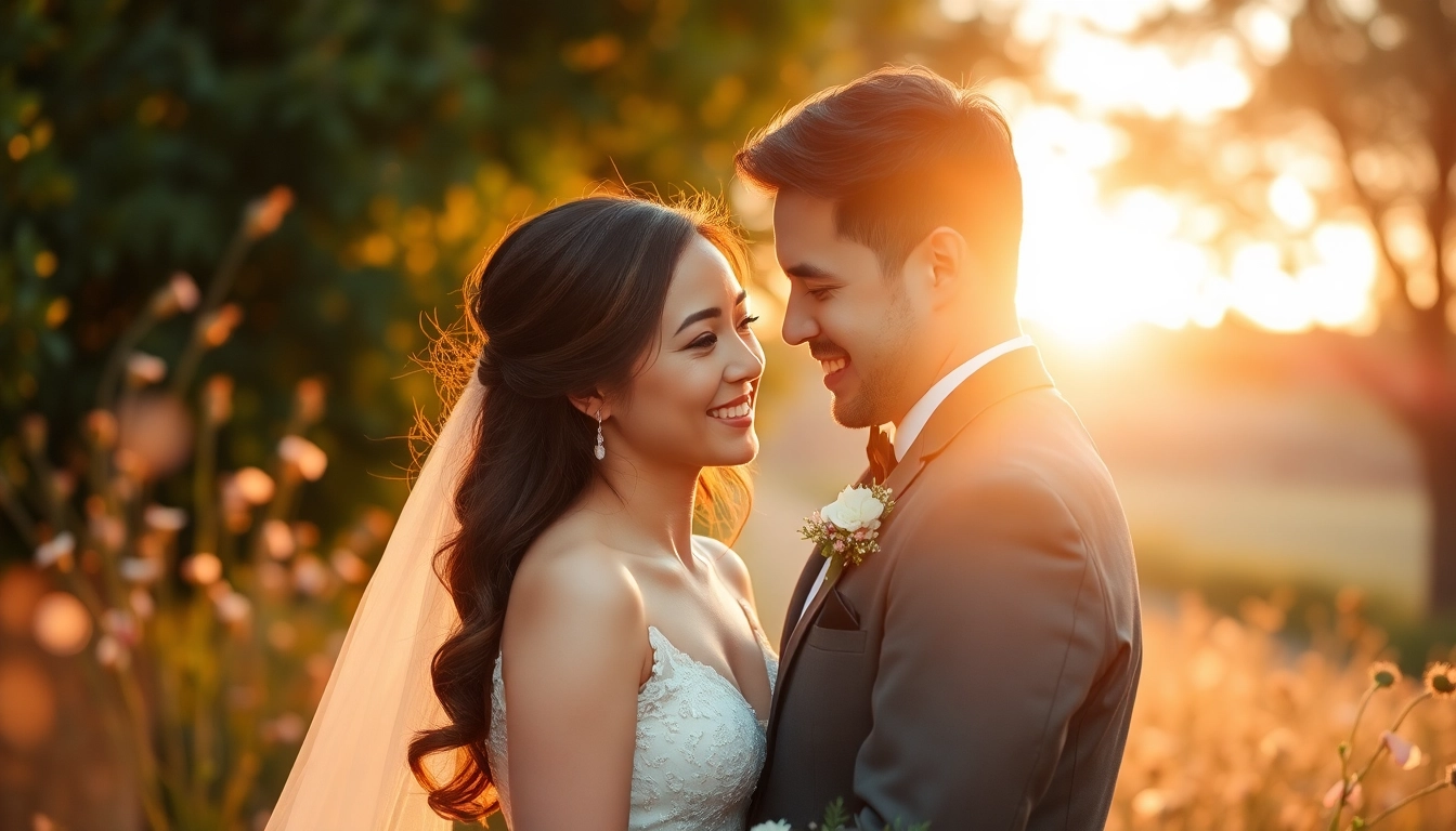 Couple celebrating their love during a sunset, showcasing wedding photography in a natural setting.