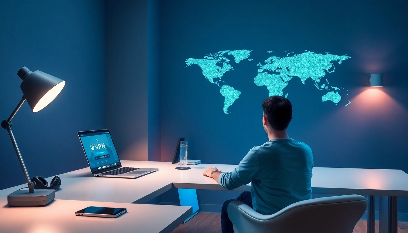 现代工作空间中笔记本上显示的快连VPN界面，展示全球连通性。