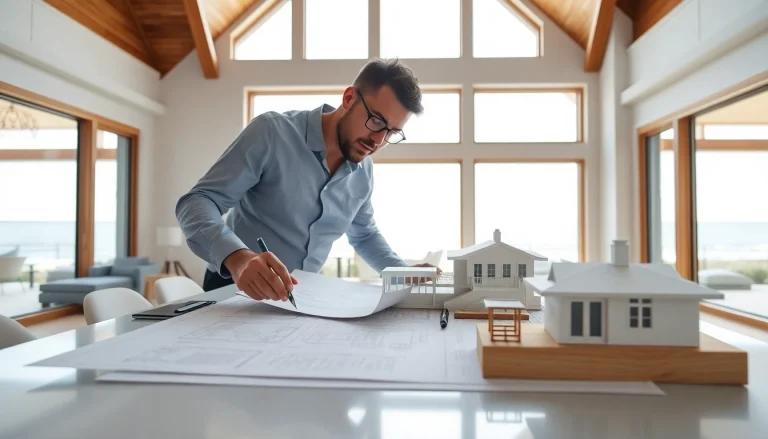 Innovative New England residential architect working on a coastal home design with sunlight and architectural models.