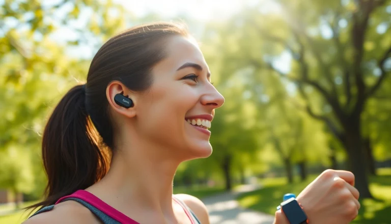 Enjoying music with Bone X1 Bone Conduction Headphones during a jog in a sunny park.