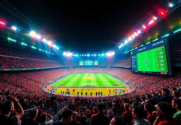 Kèo nhà cái showcased in a vibrant stadium scene during live betting, reflecting excitement and real-time odds.