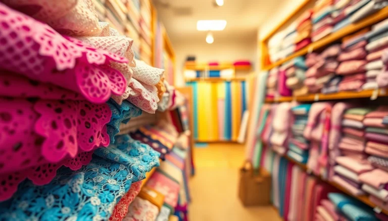 Aanbod van kant stof kopen in een goed verlichte stoffenwinkel met kleurrijke prints.