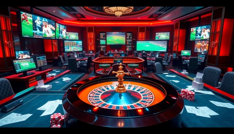 A vibrant online gambling scene featuring situs bola online with sports betting interfaces and casino tables.