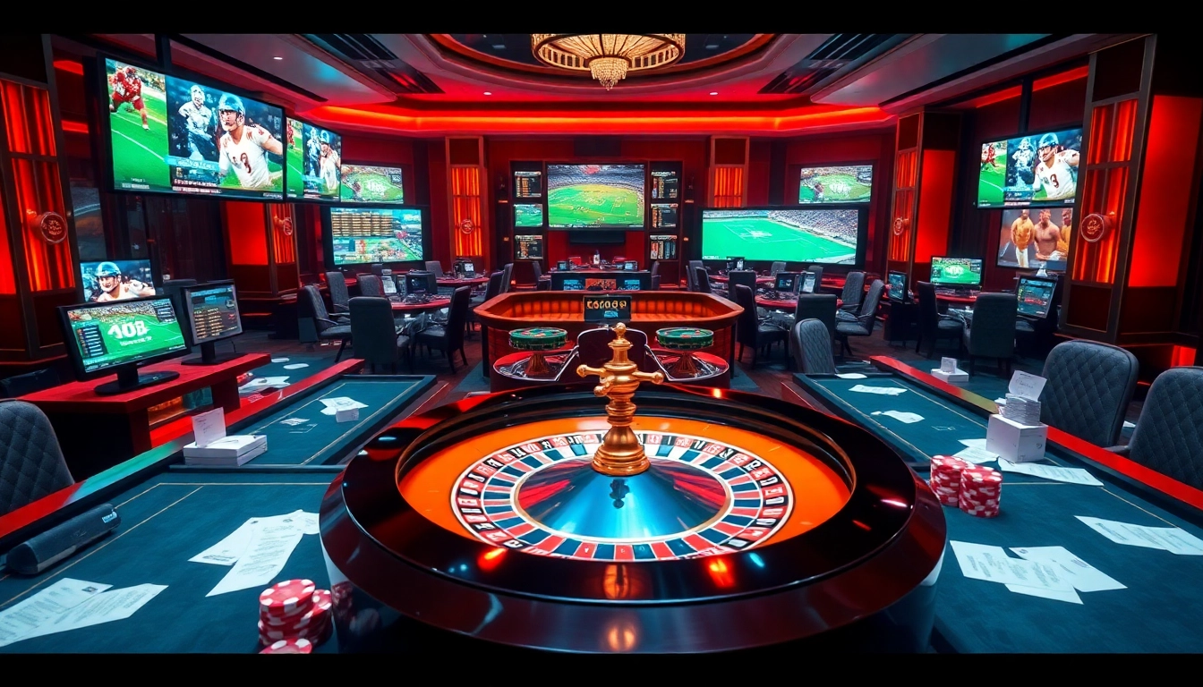 A vibrant online gambling scene featuring situs bola online with sports betting interfaces and casino tables.