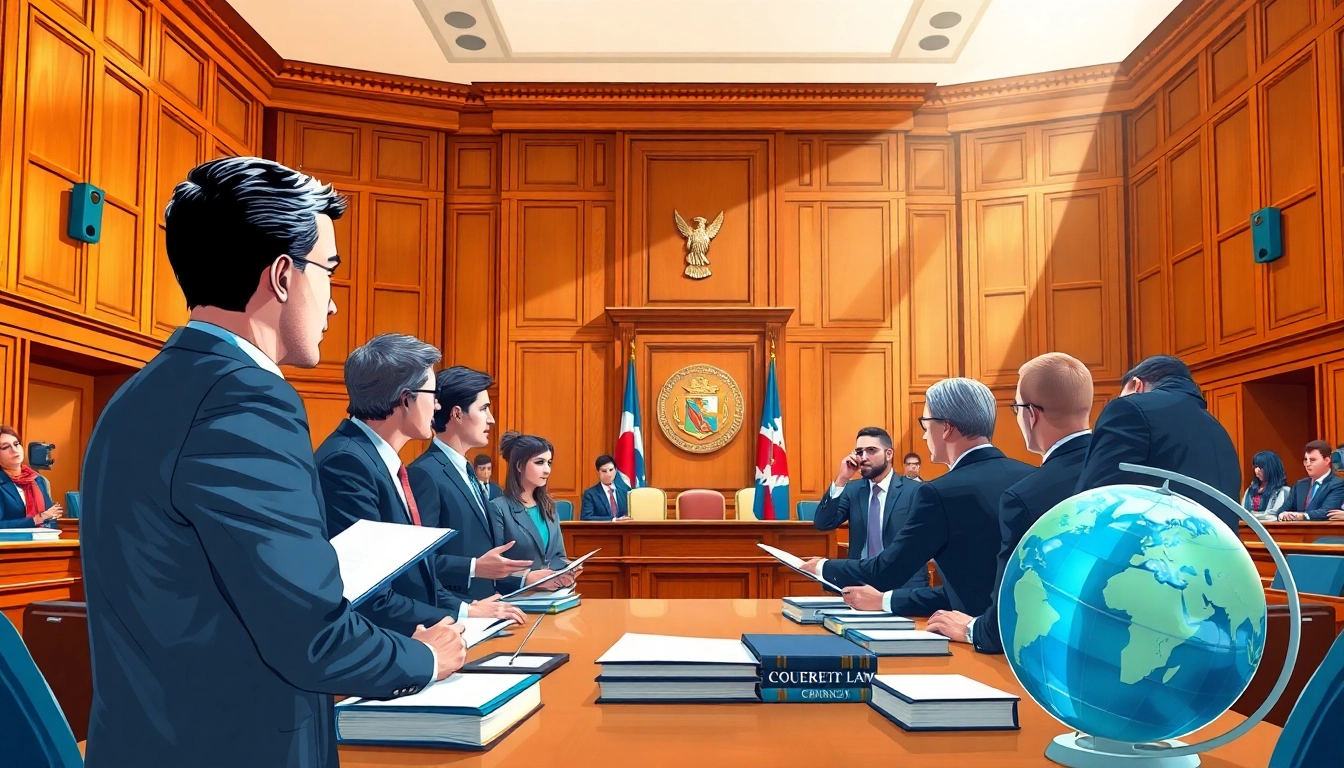 Impression of internationales Strafrecht in a diverse courtroom, highlighting legal discussions and collaboration.