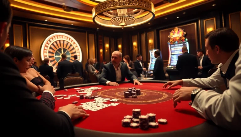 Scène captivante dans un casino de luxe mettant en avant le meilleur casino en ligne France avec des jetons de poker, des cartes et une roulette.