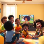 A lively group of children enjoying African American cartoons in a cozy living room, showcasing diversity and joy.