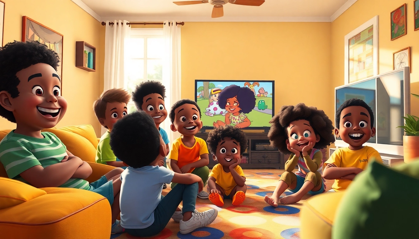 A lively group of children enjoying African American cartoons in a cozy living room, showcasing diversity and joy.
