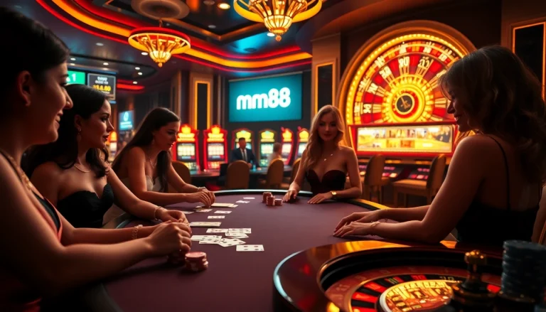 Gamblers enjoying exciting games at mm88 casino with vibrant visuals and thrilling atmosphere.