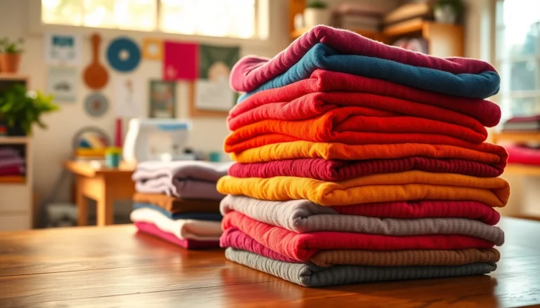 Fleece stof kopen: aanschouw een kleurrijke verzameling fleece stoffen op een houten tafel.