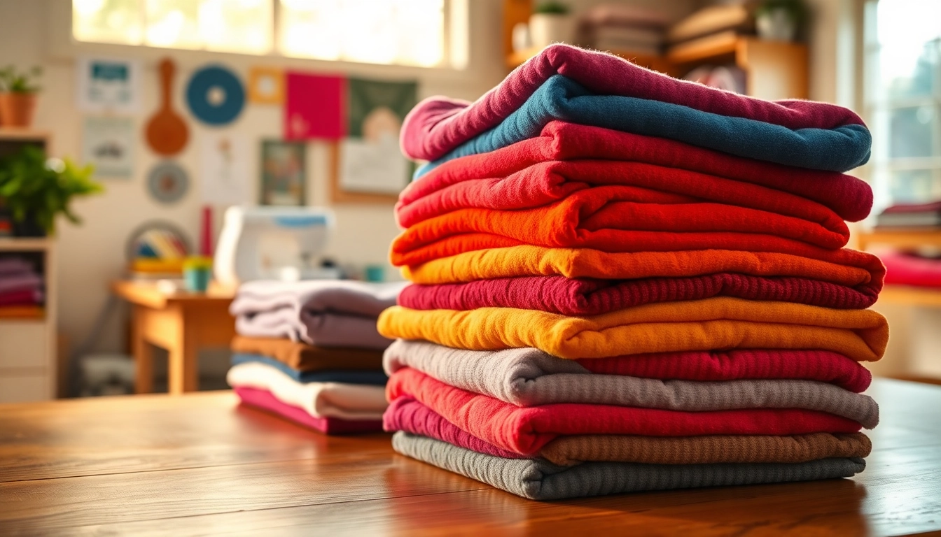 Fleece stof kopen: aanschouw een kleurrijke verzameling fleece stoffen op een houten tafel.