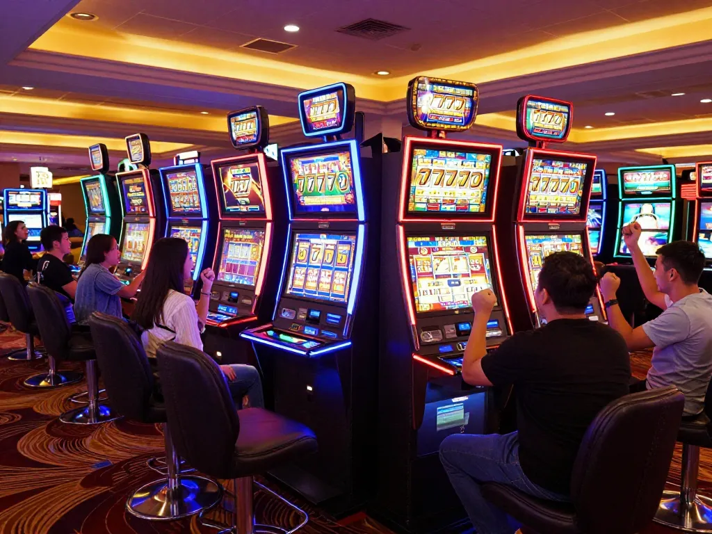 Players engaging with colorful slot777 machines in a lively casino atmosphere