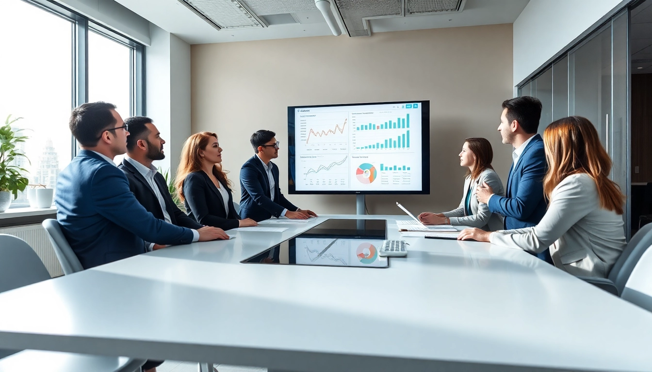 Team discussing Bid-No-Bid Analysis strategies with data visuals in a modern office.