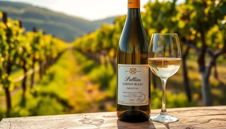 Showcase of Chenin Blanc wine bottle with glass in a vineyard setting, highlighting its elegance.