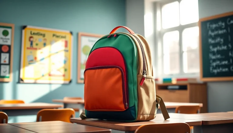 Handtasche für Schulen elegant auf einem Schreibtisch in einem Klassenzimmer.