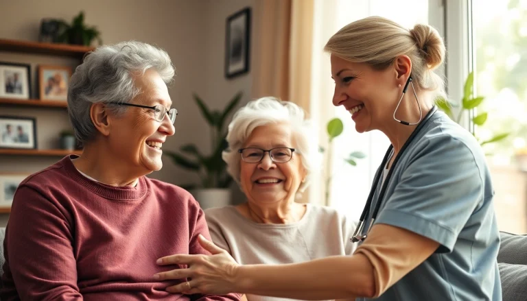 Elderly in home care near me - caring professional engaging with a happy senior in a cozy setting.
