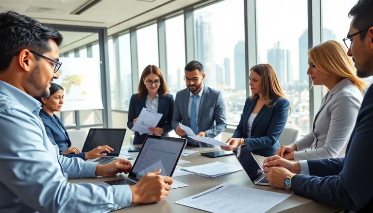 VAT Return Filing in UAE: Business professionals collaborating over tax forms and financial documents in a modern office.