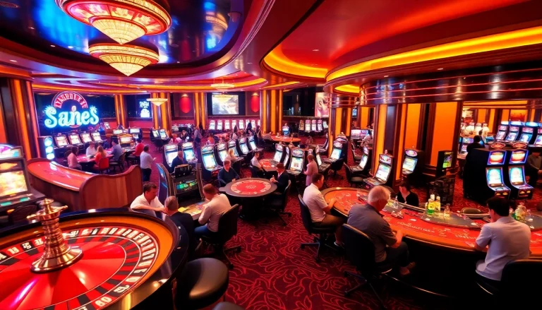 Une scène vibrante de casino en ligne Français avec des joueurs à la roulette, au poker et aux machines à sous.