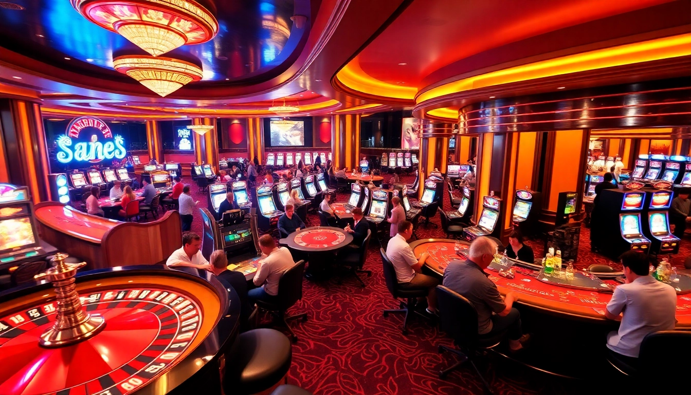 Une scène vibrante de casino en ligne Français avec des joueurs à la roulette, au poker et aux machines à sous.