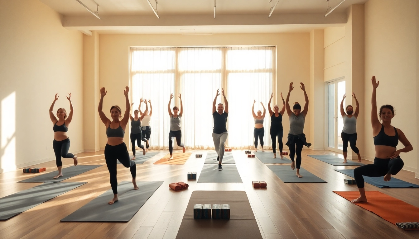 クラスに参加している参加者たちのホットヨガスタジオのシーンで、ホットヨガおすすめとウェルネスを強調しています。