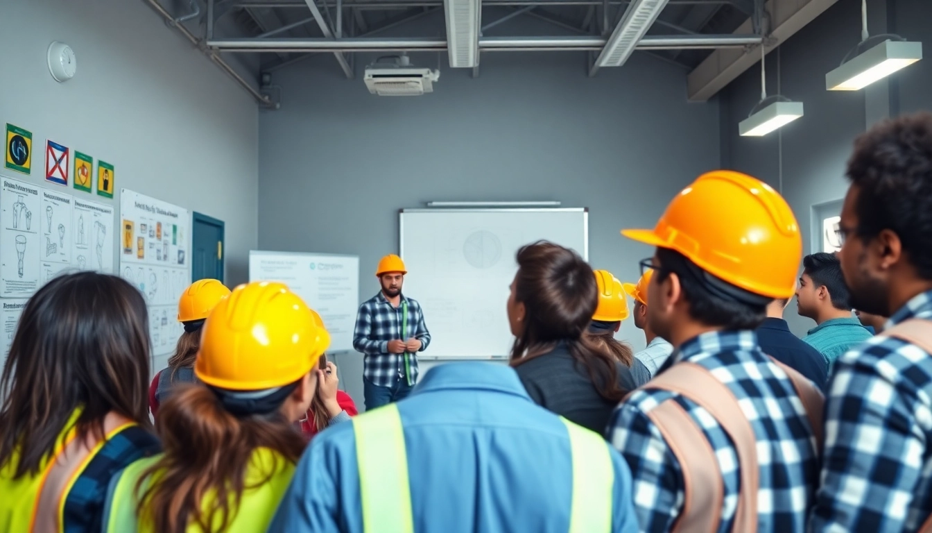Engaged learners taking construction safety classes in a well-lit training room with safety gear.