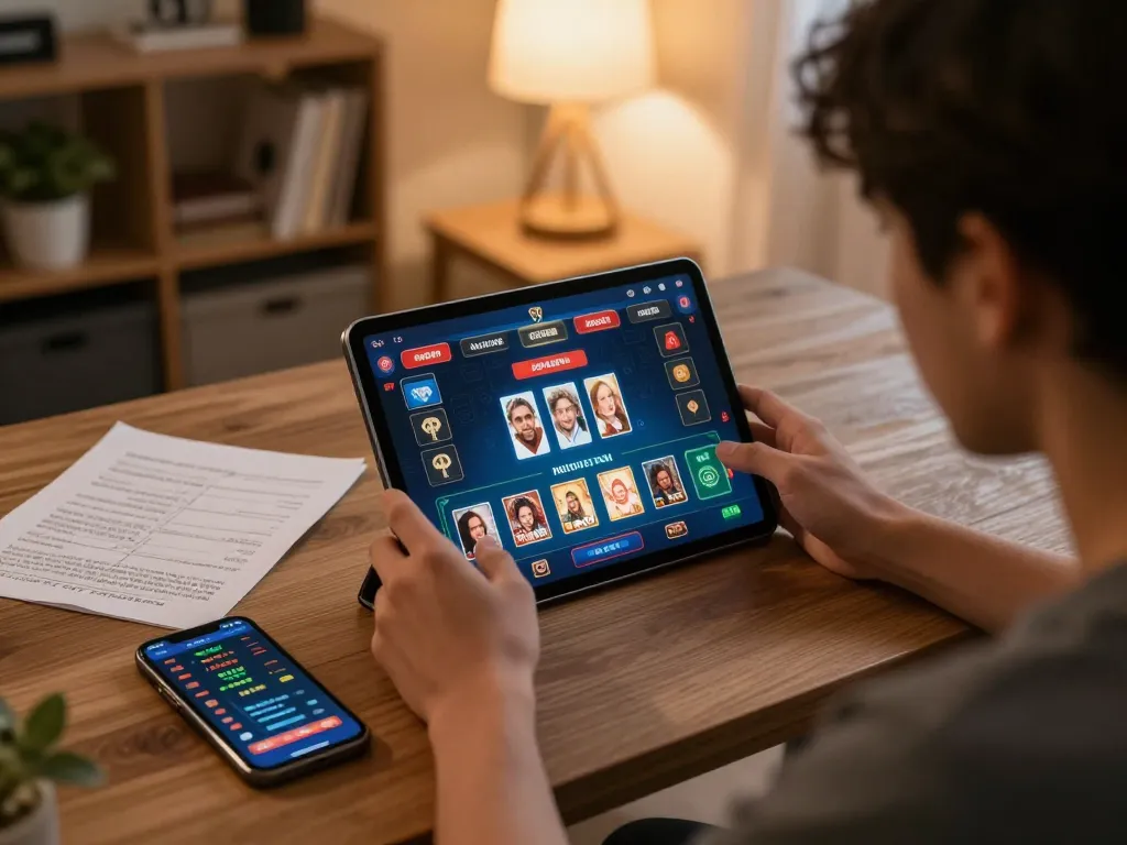 Engaged player using tablet for online gambling on server thailand, surrounded by strategy notes in a cozy living room.