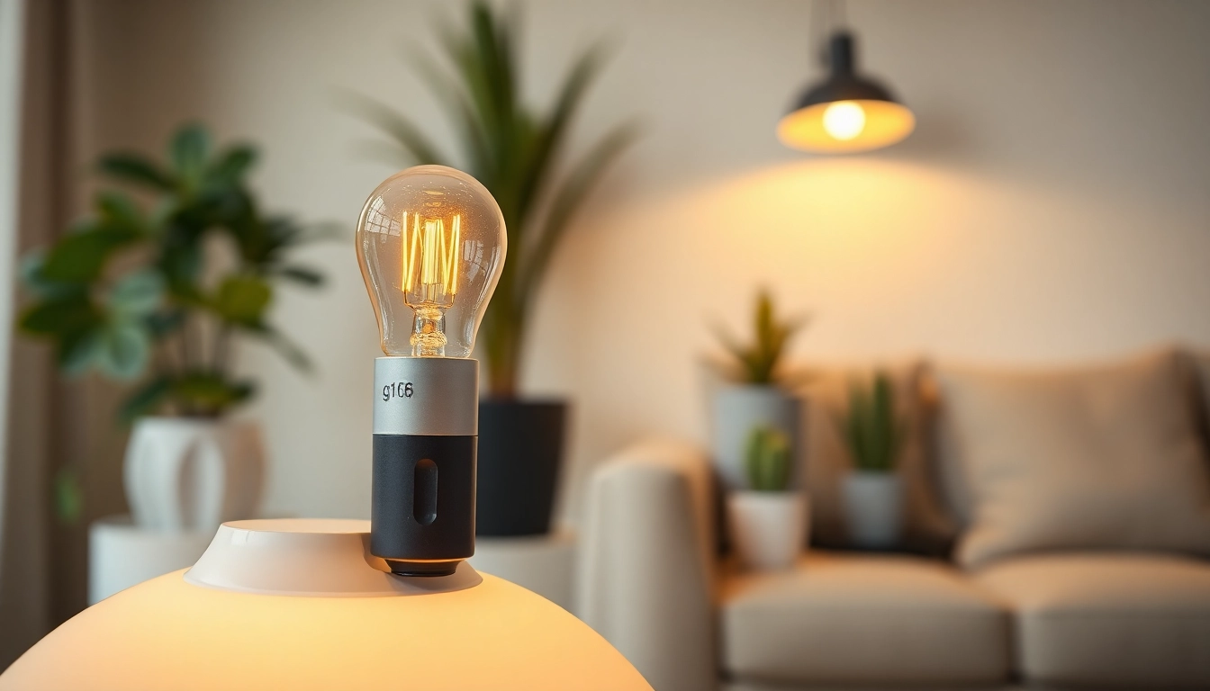 Illuminated g16 bulb in a modern living room lamp, showcasing its warmth and design.