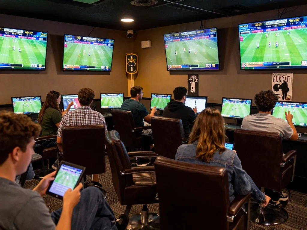 Engaging sports bettors using IDNTRADE app on tablets in a lively betting lounge