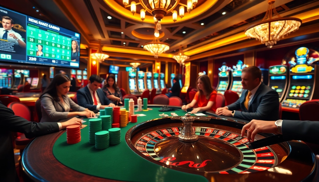 Scène captivante dans un casino luxueux mettant en avant le meilleur casino en ligne France avec des joueurs et une roulette.