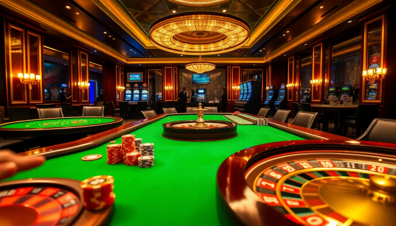 Scène excitante d'un luxueux casino en ligne Français avec des jetons de poker et une roue de la roulette.