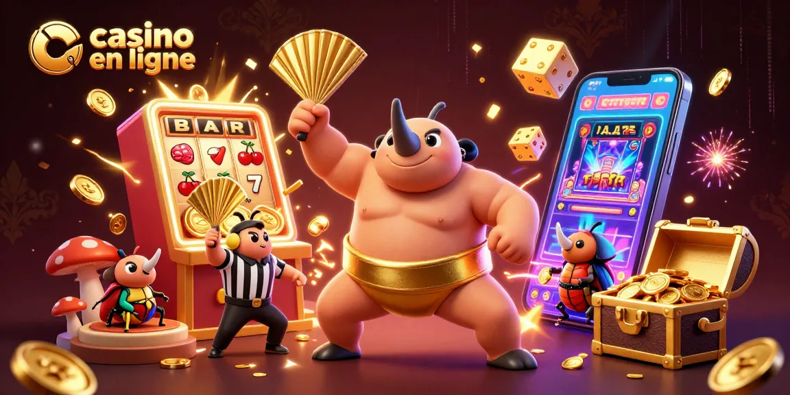 Découvrez le casino en ligne avec une illustration dynamique de jeux et personnages amusants.