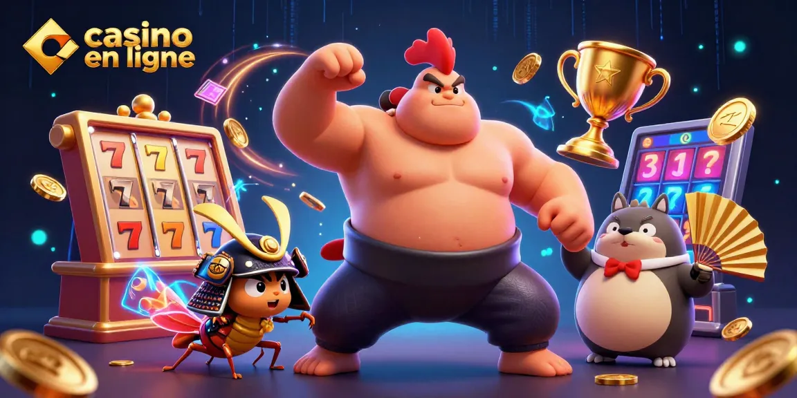 Jouez dans un casino en ligne avec un sumo et un samouraï dans une scène dynamique remplie d'éléments de jeu.