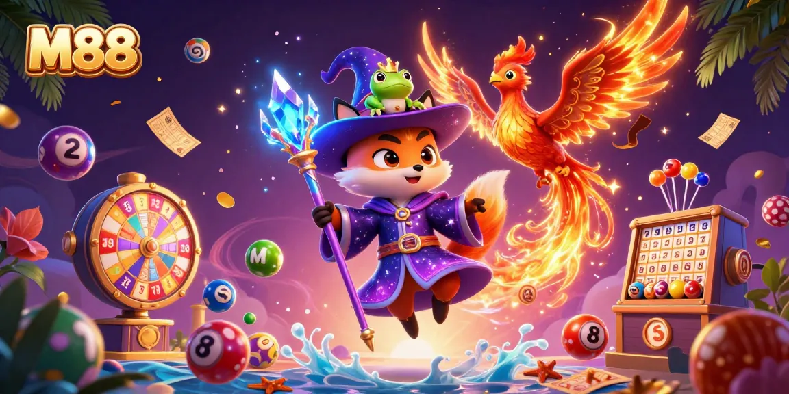 M88 offers an enchanting experience with a mystical wizard fox and phoenix amid a vibrant lottery scene.