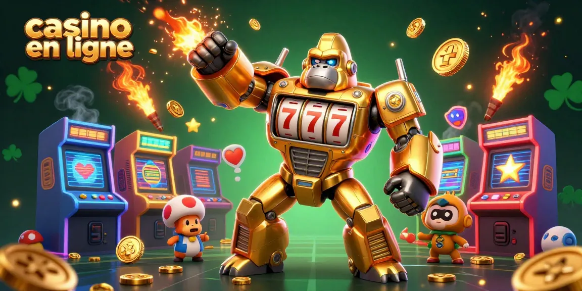 Casino en ligne : illustration 3D dynamique d'un gorille mécanique doré fait de machines à sous et piloté par un petit singe.