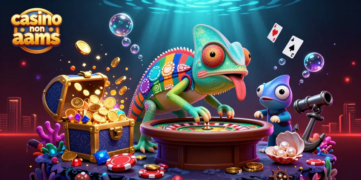 Scopri i migliori casino non AAMS con un camaleonte che osserva tavoli da gioco e colleziona monete d'oro.
