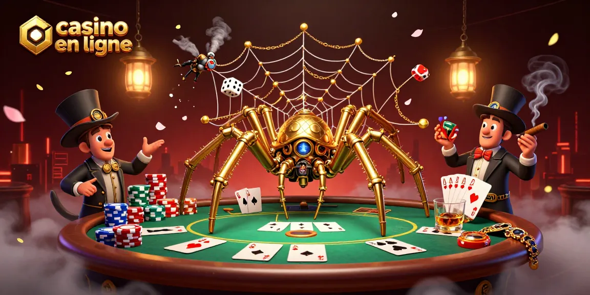 Jouez à un casino en ligne avec une araignée dorée steampunk construisant une toile de jeux.