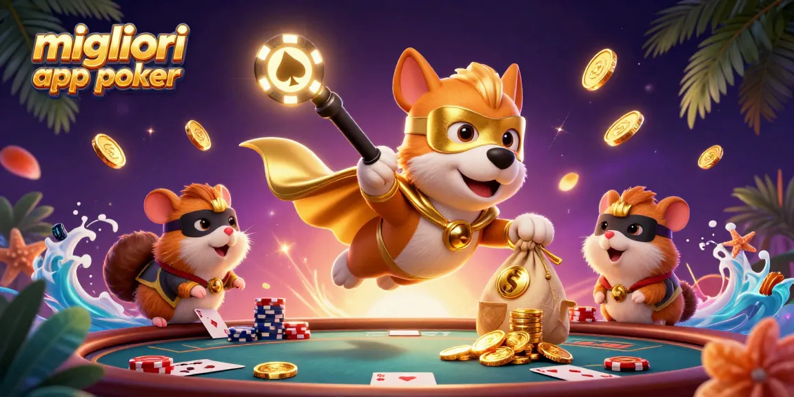 Migliori app poker: vola con un cane supereroe e il suo amico mentre distribuiscono chip e carte da poker.