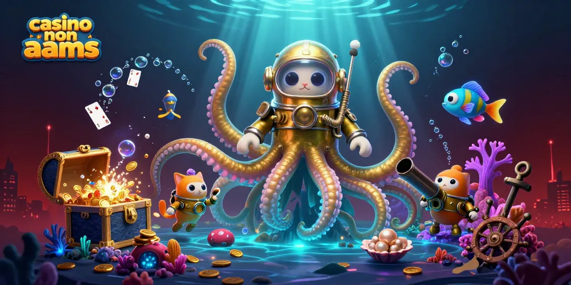 Scopri i migliori Casinò non AAMS con un kraken d'oro e un gatto subacqueo in un'illustrazione vivace.