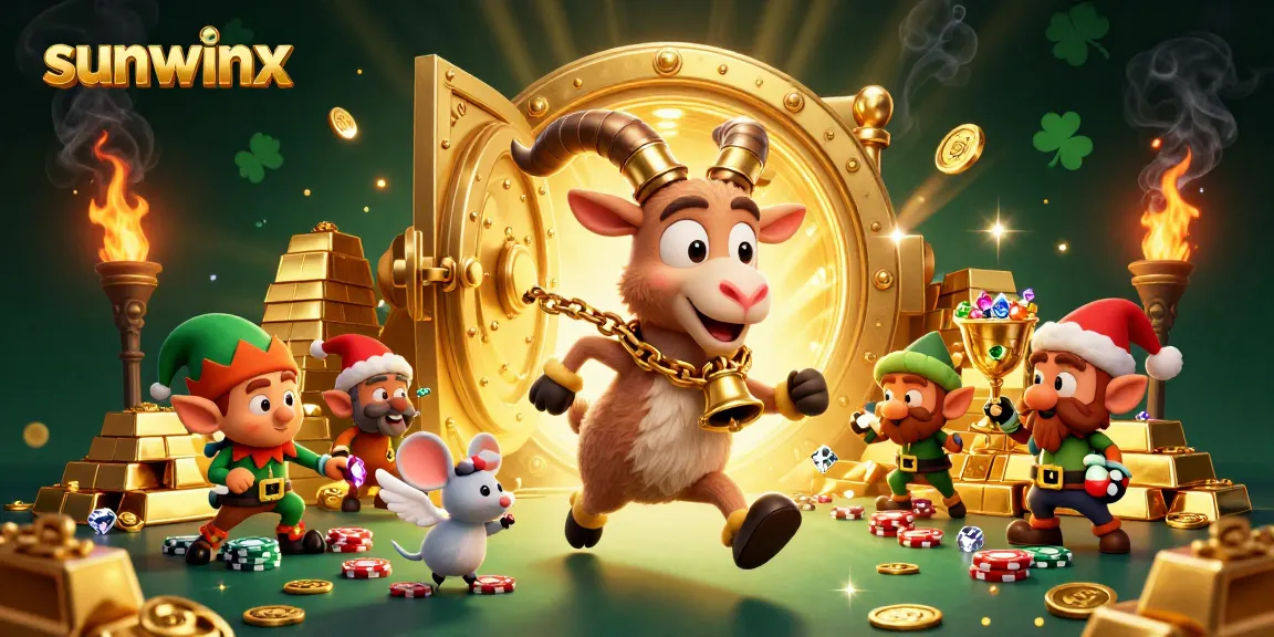A visually rich scene depicting sunwinx with a Krampus goat overseeing a chaotic casino, filled with treasures and elves.