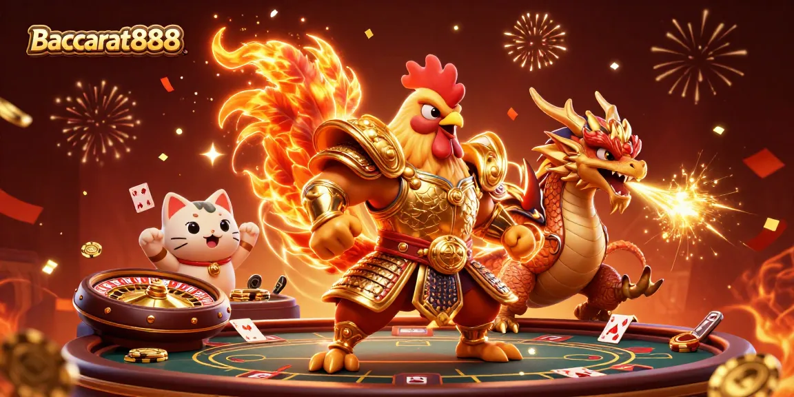 Baccarat888 gameplay featuring a samurai rooster, dragon hatchling, and casino elements