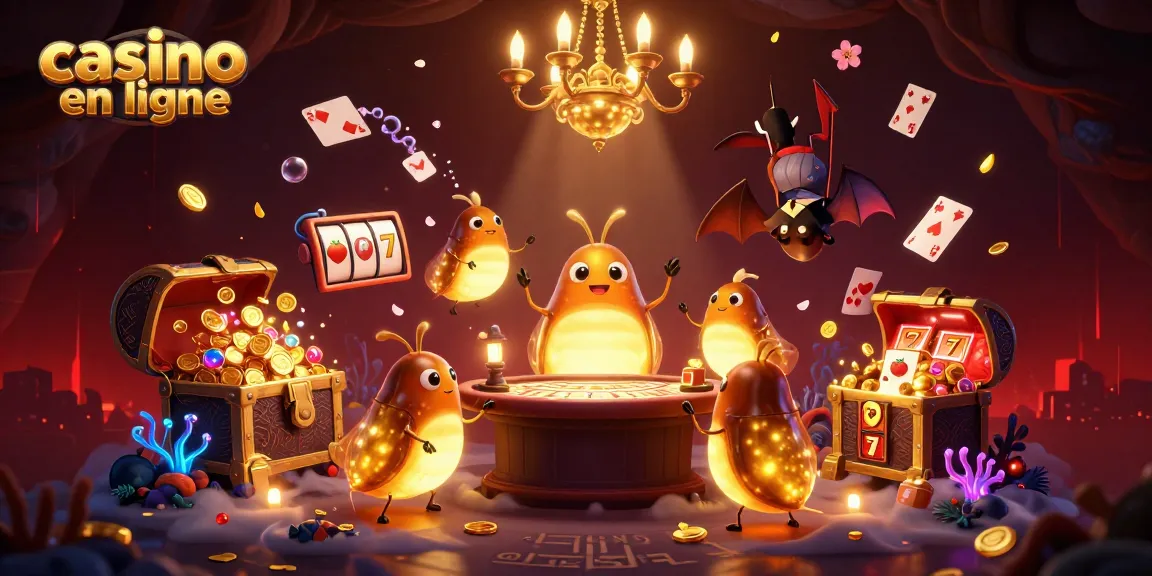 Profitez d'une expérience de casino en ligne avec des vers luisants illuminant une scène animée de jeux de casino.